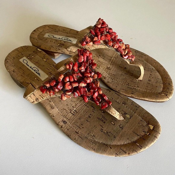 Oscar De La Renta Sandal Thong Slip On Flip Flop Flat Cork Embellished B… - Picture 2 of 8